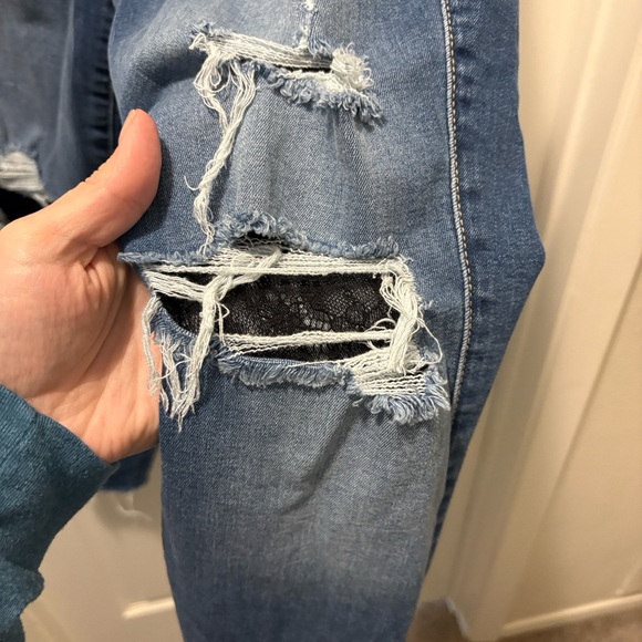 Torrid Women's Blue Distressed Jeans with Lace Detail - Picture 4 of 5